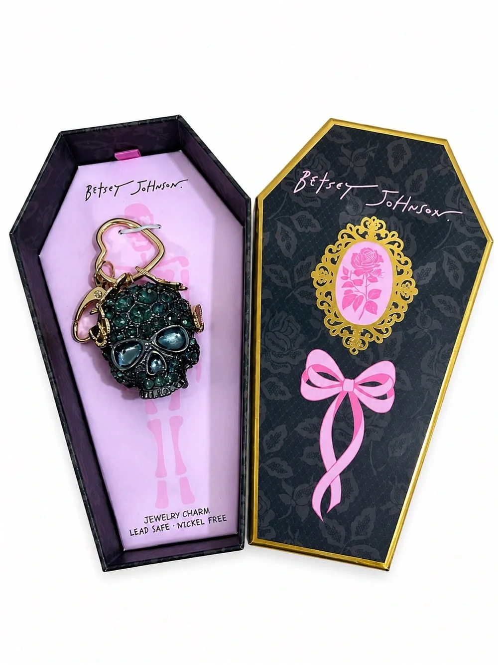 Betsey Johnson Rhinestone Skull Bag Charm Keychain Coffin Box